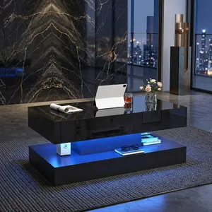 47.2 Inch Lift Top Coffee Table LED High Glossy Rectangle Center Table With USB Type C Charging Station Hidden Storage Compartment Multifunctional Living Room Gaming Work Desk