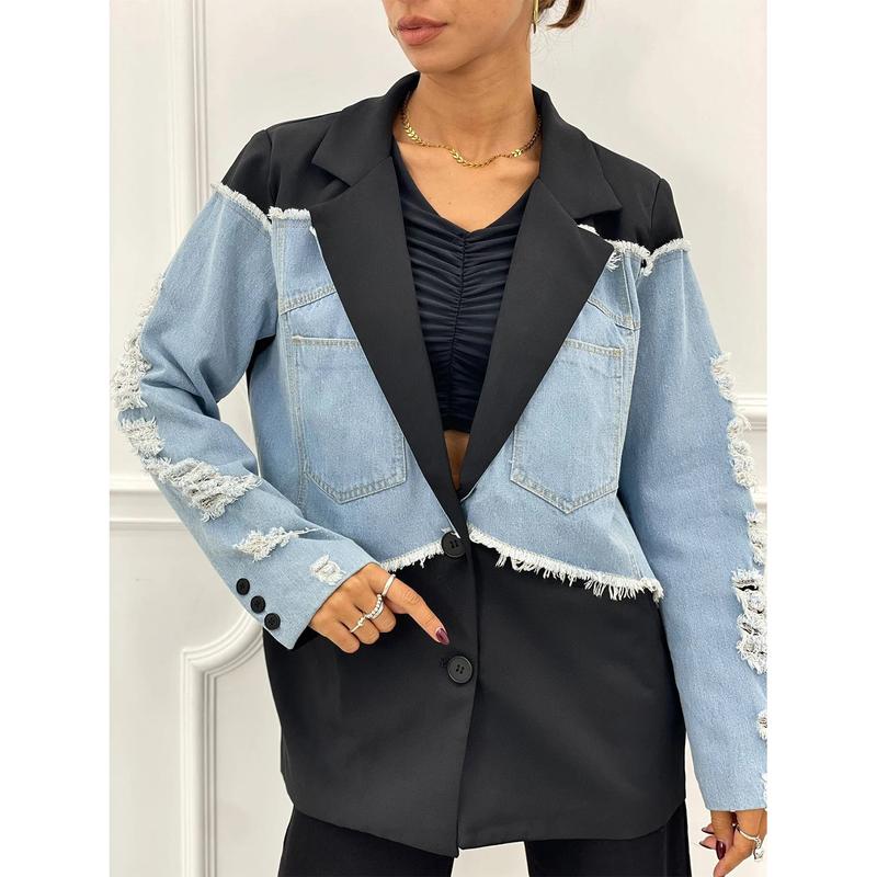 Women's Distressed Denim Patchwork Black Blazer, A Niche, Designer-style Loose Casual Color-block Jacket, Perfect For Spring, Autumn And Winter