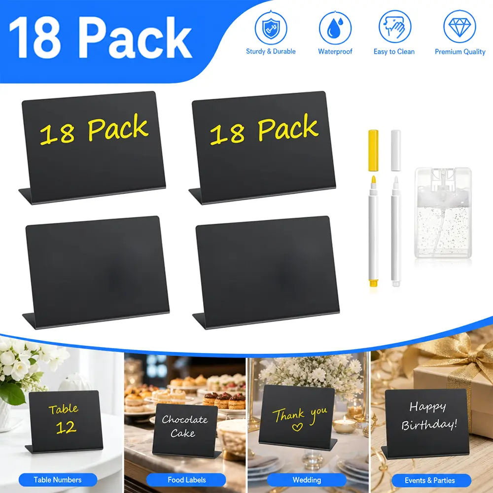 18-Pack PVC Plastic 4"x3" Modern Chalkboard Label Tags - Wipeable, Reusable Mini Labels with Wipeable Ink, Cleaning Spray, Markers, Sleek Design - Ideal for Home, Party Displays (Home & Party Supplies)