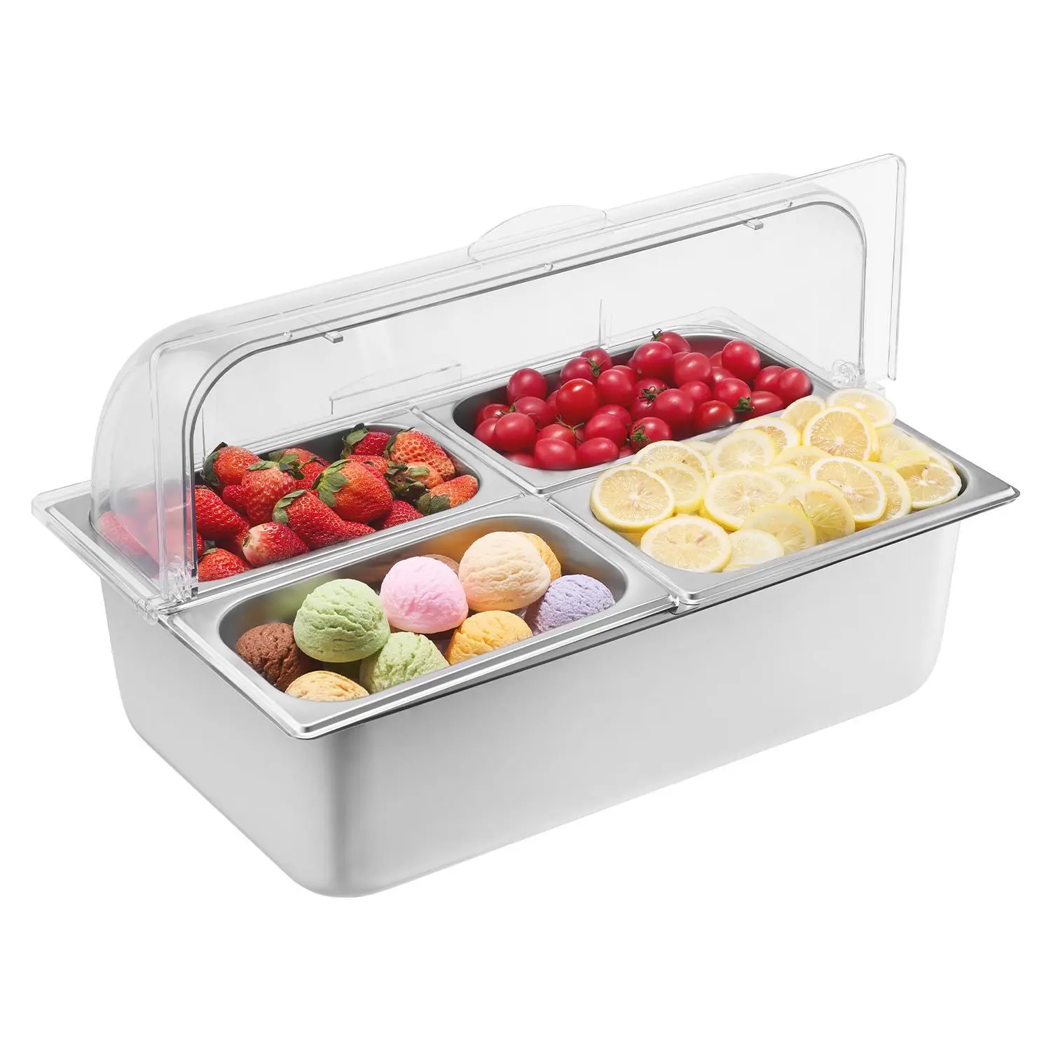 VEVOR Kitchen Silicone Food Storage Container, 4-Pan Detachable Countertop Food Serving Display Condiment Dispenser with Preservation Lid