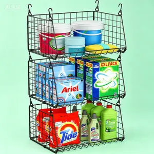Foldable Laundry Basket Organizer - 3-Pack Hanging Wire Baskets with 360° Rotating Hooks for Small Space Storage Over Washer and Dryer, Space Saving Closet Shelves, Reusable and Durable, Black
