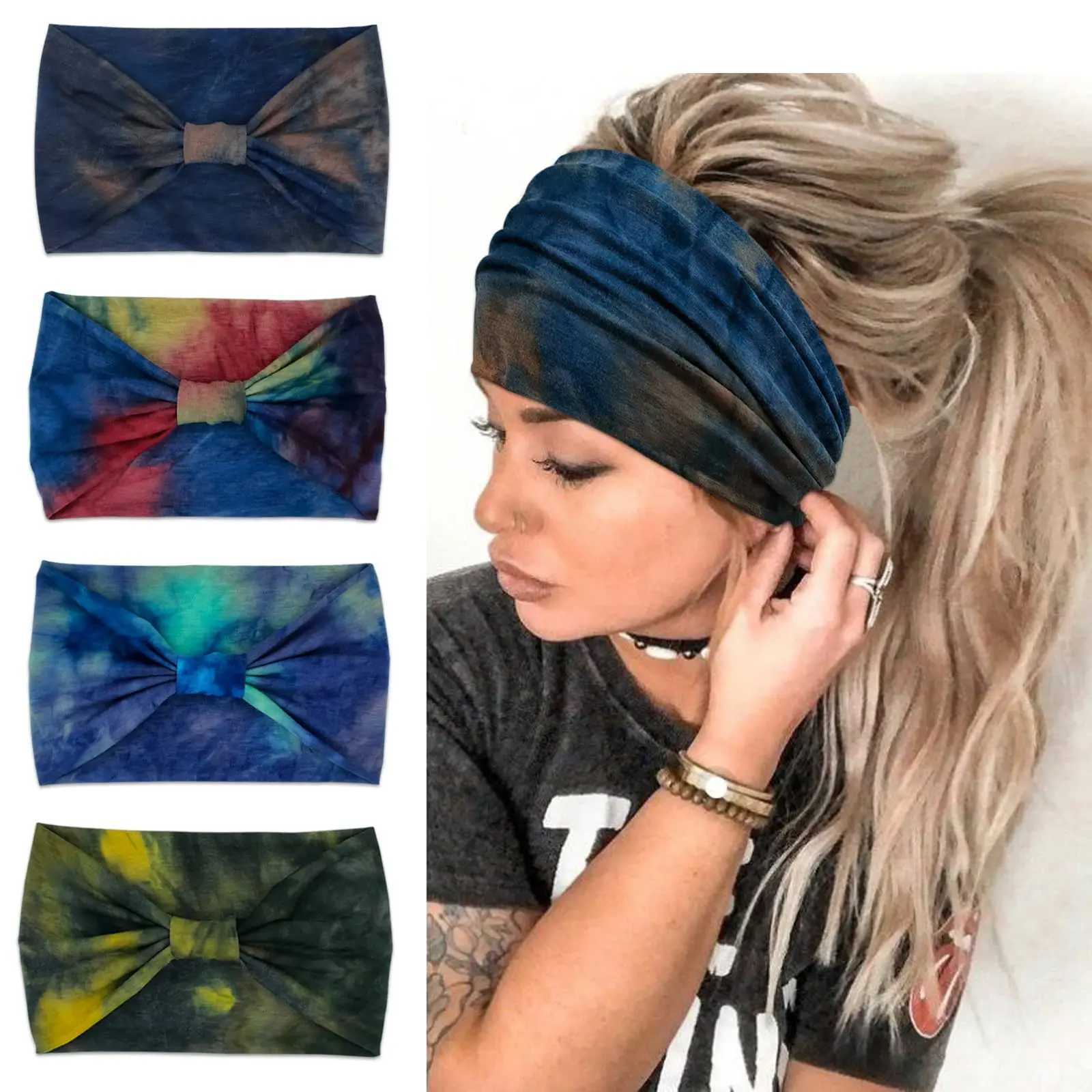 Women's 4-Pack Boho Knotted Elastic Fashion Headbands - African Tie-Dye Hairbands, Gym Headband for Daily Use, Birthday Christmas Party Gifts