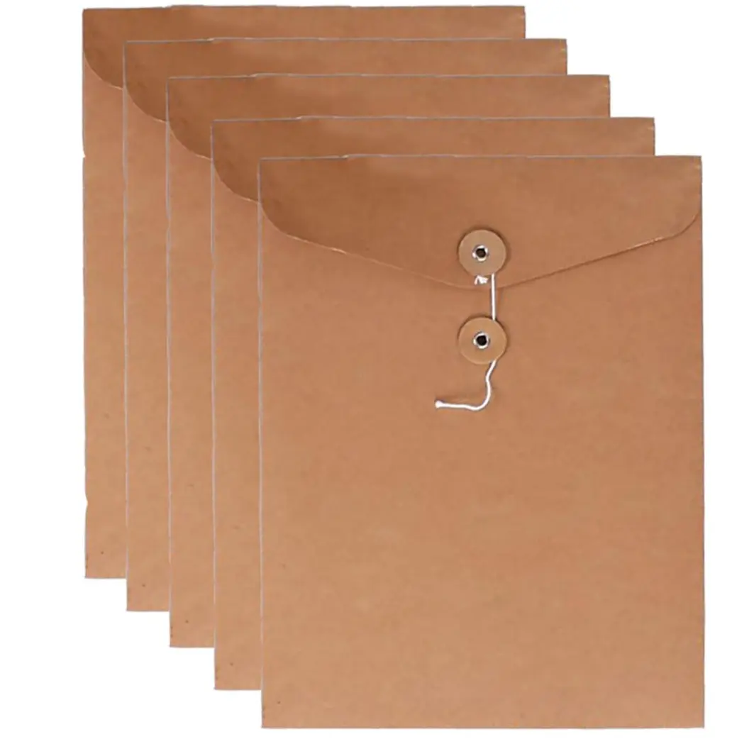 VANRA Kraft String Envelope File Folder Project Pockets File Jacket Document Organizer Flat-No Expansion A4 Letter Size(Kraft Brown,Pack of 5)