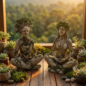 Zen Sitting Tree Fairy Resin Ornament, Garden Patio Decor, Natural Style Home Desktop Zen Landscape Craft, Indoor Outdoor Decoration