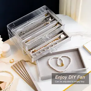 Velvet Necklace Storage Box with Lid, Transparent Acrylic Dustproof Stackable Jewelry Display Case for Necklaces Chains, Jewelry Organizer Armoire