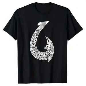 Tribal Hawaiian Fishhook Pacific Islander Hawaiian Design T-shirt Men Crew Neck Classic Printing Cotton T-shirt Comfort Wear Casual Short-Sleeve Graphic Tee Classic Cotton Tee Men's T-Shirts Cotton Menswear