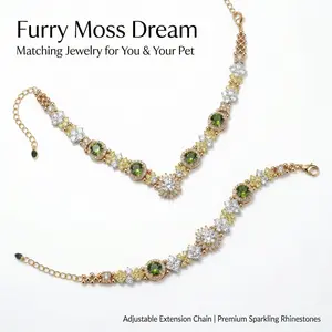 Furry Moss Dream Human And Pet Bracelet With Green Crystal And Center Flower Diamond For Daily Companion