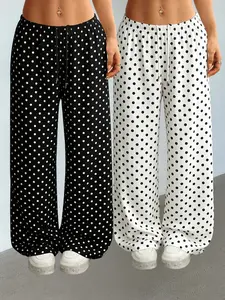 Women's Casual Long Pants Set, Polka Dot Loose Straight Leg, Perfect for Outdoors, Home, Dating, 2 Piece Pack