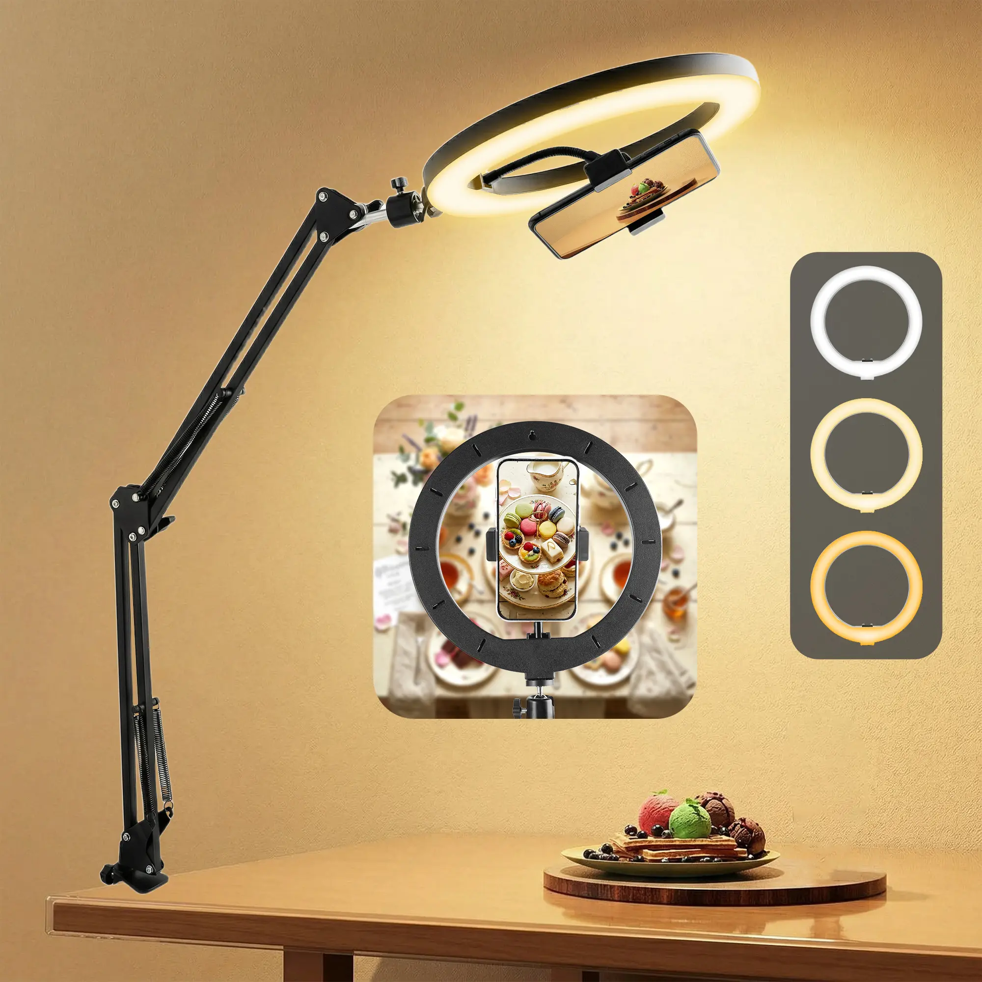UEGOGO 10" Adjustable LED Ring Light Tripod Kit with 360° Rotatable Head, Metal Dual Flexible Arms, Desk Clamp Mount, Controller, Compact Pack – Cellphone/Phone Selfie Accessories for Content Creators, Live Streaming