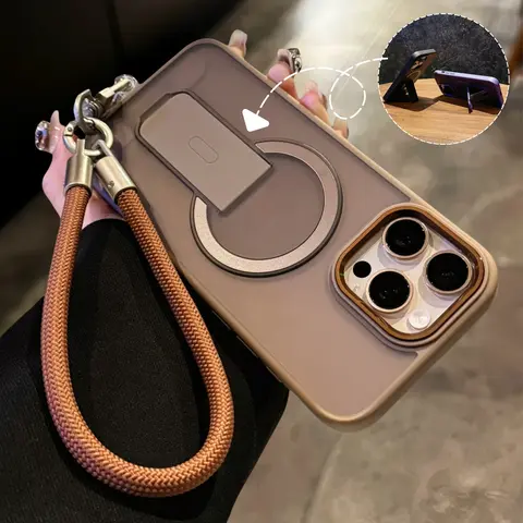 Nylon Lanyard Phone Case with Frosted Skin-Feel Magnetic Handheld Bracket, Soft Silicone-TPU-Plastic Shockproof Cover for iPhone 13pro,13,14,15,16 Pro Max,17 - Hands-Free Hold & Protection Casing, Iphone13pro