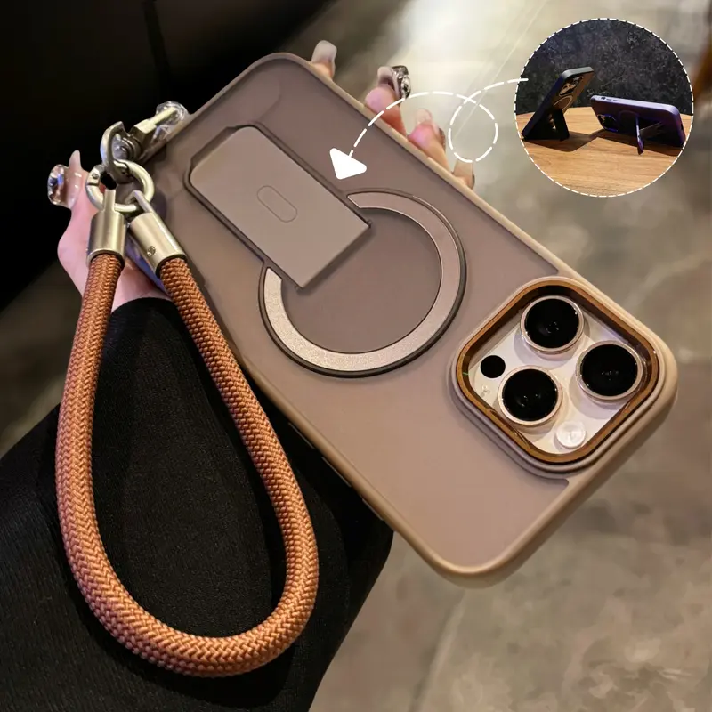 Nylon Lanyard Phone Case with Frosted Skin-Feel Magnetic Handheld Bracket, Soft Silicone-TPU-Plastic Shockproof Cover for iPhone 13pro,13,14,15,16 Pro Max,17 - Hands-Free Hold & Protection Casing, Iphone13pro