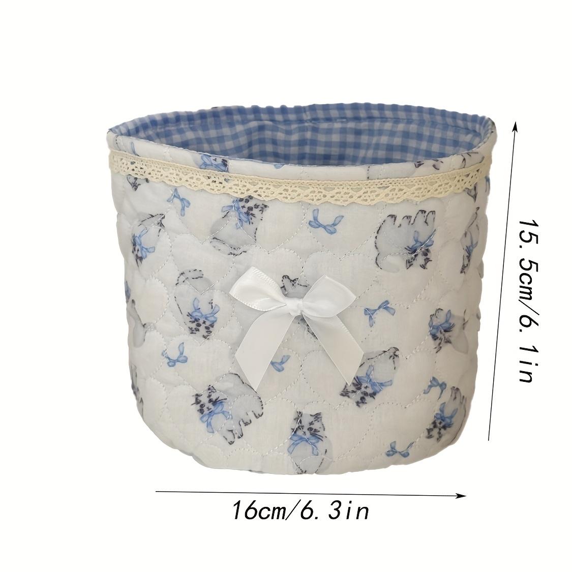 Round storage basket with bow heart patchwork design, plaid lining fabric storage basket, girly desktop organizer