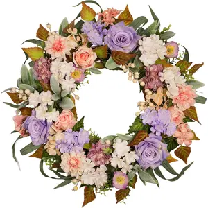 22 Inch Vintage Floral Wreath - Artificial Purple Pink Rose, Peach Dahlia, Hydrangea & White Berry with Boxwood, Lamb's Ear, Willow Eucalyptus, Indoor Outdoor Farmhouse Front Door Decor