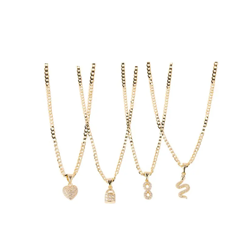 Gold Tone Iced Mini Heart Lock Pendant Necklace, 2mm Cuban Link Chain, 8-Snake Design Jewelry for Casual Wear & Business Events, Cuban Link/Chain Design/Gold Heart Pendant Necklaces