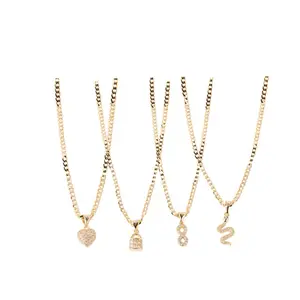 Iced Mini Pendant Necklace 2mm Cuban Chain Heart Lock 8 Snake Gold Tone Jewelry