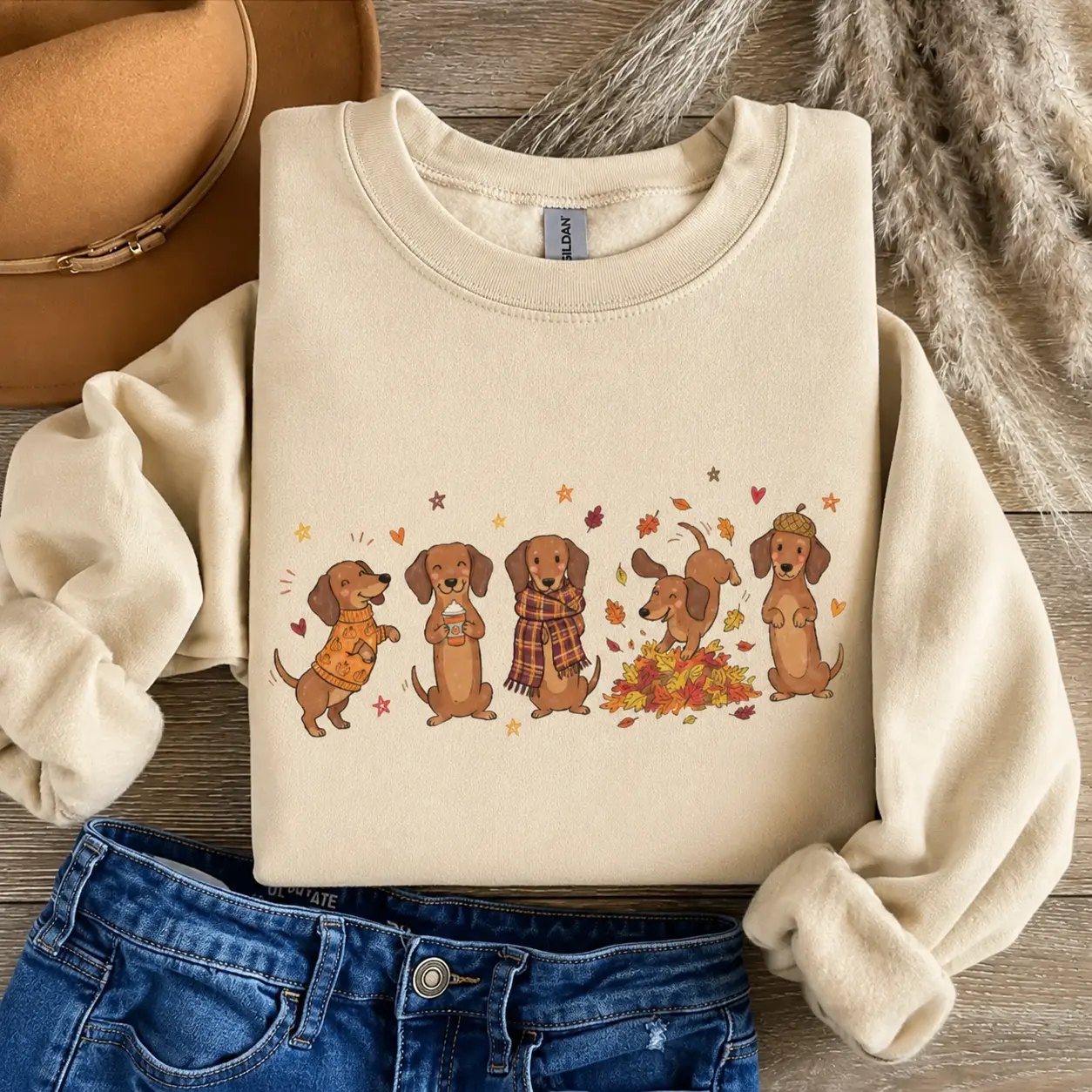 [MADE IN US] Fall Dachshund Sweatshirt, Cute Wiener Dog Autumn Crewneck, Cozy Sausage Dog Sweater, Thanksgiving Dog Mom Gift for Women