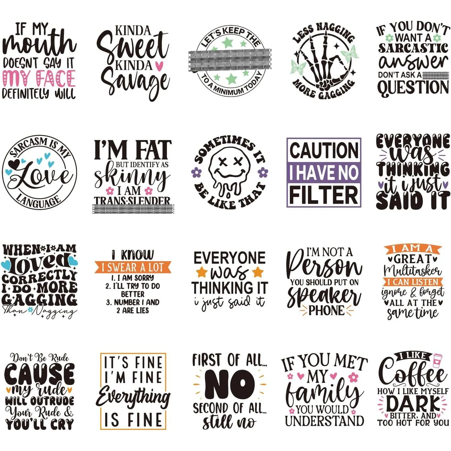 Dtf Transfers Ready to Press - 20 count Sarcastic Quotes Iron on Patches for T-Shirts, Heat Transfer Funny Vinyl Stickers, Humorous Iron on Decals for Clothes Bag DIY Fabric Decor
