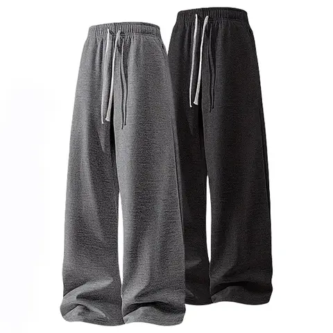 Men's 100% Polyester Minimalist Versatile Pants Joggers 2-Pack (Grey & Black) - Adjustable Drawstring, Elastic Waist, Soft Jogger Trousers, Street Casual Home-to-Outdoor Everyday Wear
