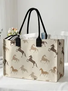 1 piece of 2D printed large capacity storage bag Tote Bag with galloping horse pattern, extra large storage bag, sturdy handle, space-saving multi-purpose, Casual Shopping Bag, suitable for use at school, on business trips, and shopping