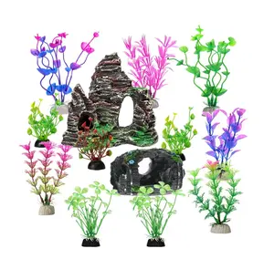 Fish Tank Accessories Aquarium Decorations - 13 Packs Plastic Plants Material Hideout Ornaments Small Size