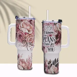 Gome 40oz Religious Travel Tumbler – Insulated Coffee Cup with Handle, Christian Mug with Floral Bible Verses | Gift for Church Members, Spiritual Encouragement, Inspirational Drinkware