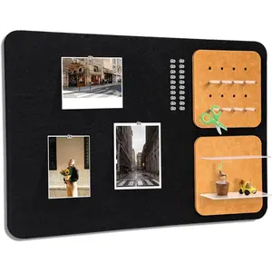 Wall Organizer Bulletin Board with Shelves and Key Holder, 2-in-1 Felt Pin Board for Photos, Notes,  and Small Accessories, Memo Board for  Office Dorm, Black/Tan, 15.7"x23.6"