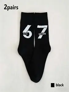 2 Pairs 67 Number Socks, Hanzi Style Retro Hip Hop, Mid-Calf, Soft Comfortable Breathable, Unisex All Seasons