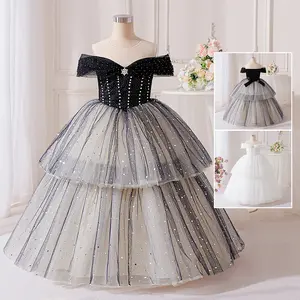 7-12Y Black Kids Clothes 801 Beads Sequins Tulle White Flower Girls Long Ball Gown Pageant Performance Frock Children Elegant Princess Prom Host Birthday Formal Evening Party Banquet Dresses for All Season