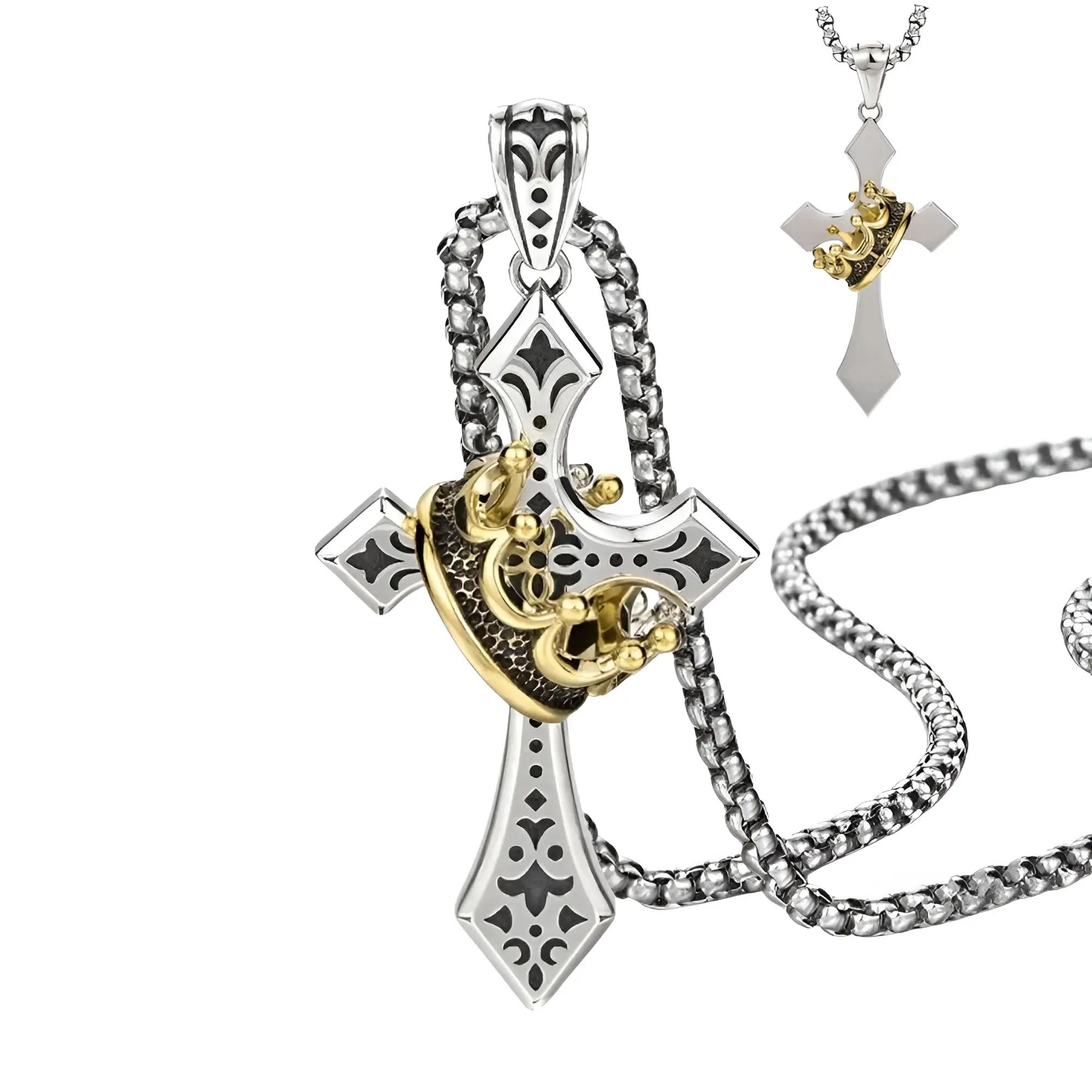 Vintage Crown of Thorns Cross Necklace - Stainless Steel Crucifix Pendant, Unisex Christian Faith Jewelry, Necklaces for Women for Valentine's Day, Cross Chain Design, Crucifix Necklaces