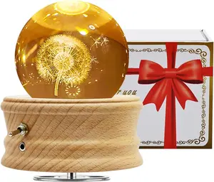 3D Crystal Ball Music Box with Projection LED Light and Rotating Wooden Base, Gift for Birthday, Valentine's Day, Music Boxes for Women Mom Daughter (Dandelion) wooden musicbox