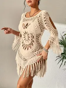 2026 New Hand-Crocheted Beach Skirt with Tassels, Hand-Crocheted Floral Hollow-Out Camisole/Beach Cover-Up