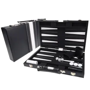 WE Games Black with Stripe Leatherette Backgammon Set, 14.75 x 9.75 in. closed
