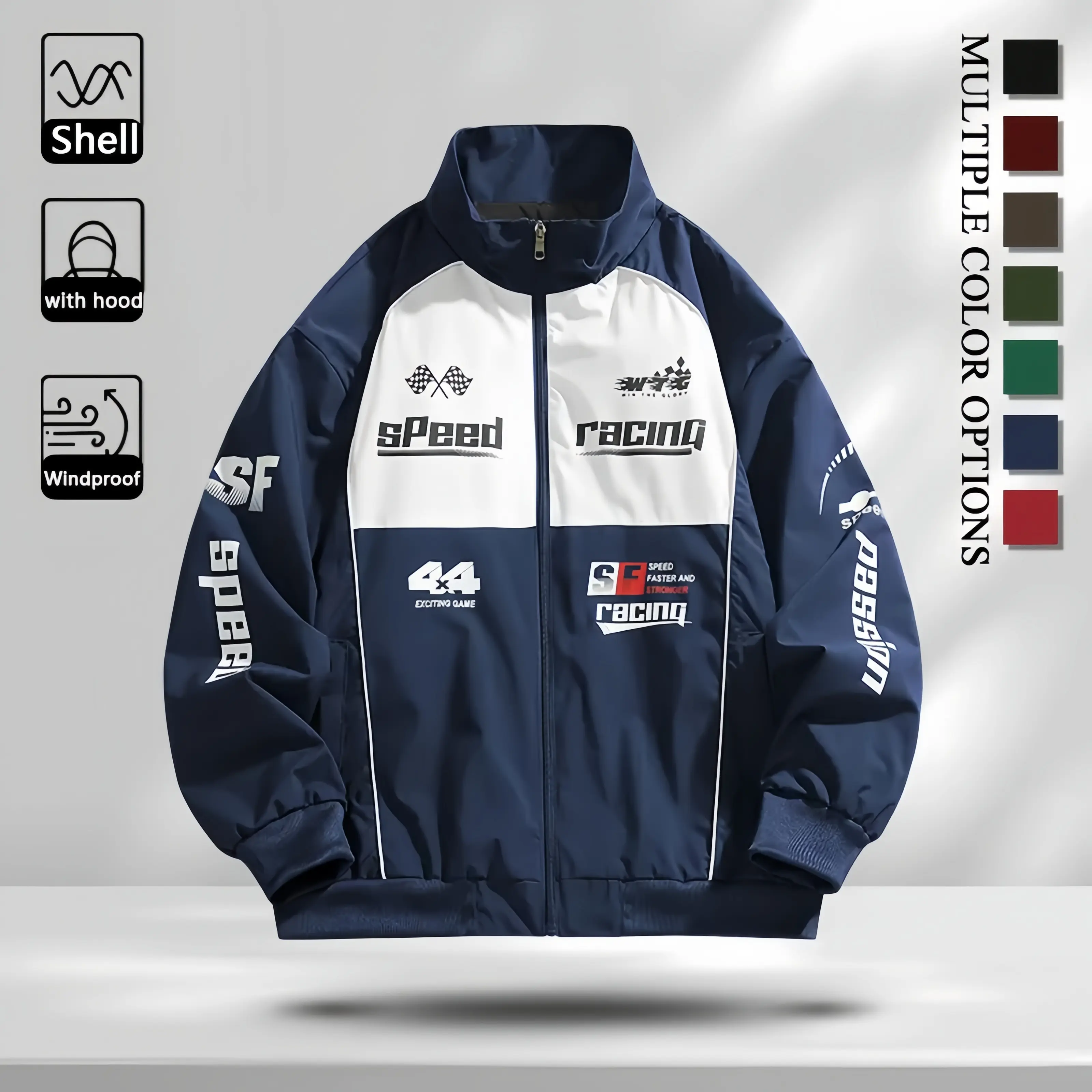 Men Racing Jacket Color Block Zip Up Windbreaker, Speed Graphic Stand Collar Motorsport Streetwear Coat, Windproof Casual Outerwear