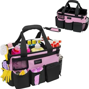 (Pink) Cleaning bag comes with adjustable shoulder straps and waist belt Large capacity portable cleaning and storage bag Storage pad Mesh aluminum Lightweight