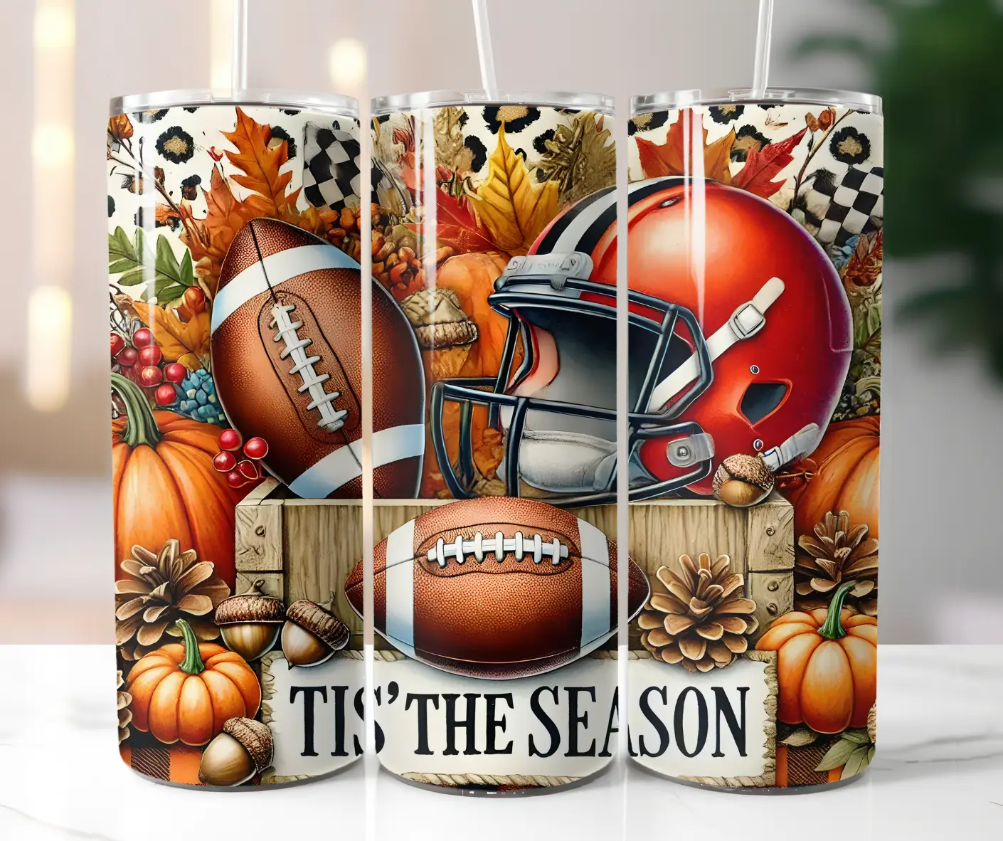 Fall Autumn Football Tis The Season 20 oz. Stainless Steel Tumbler, With Lid & Reusable Straw, Fall Themed Cup, Autumn Pumpkin Cup