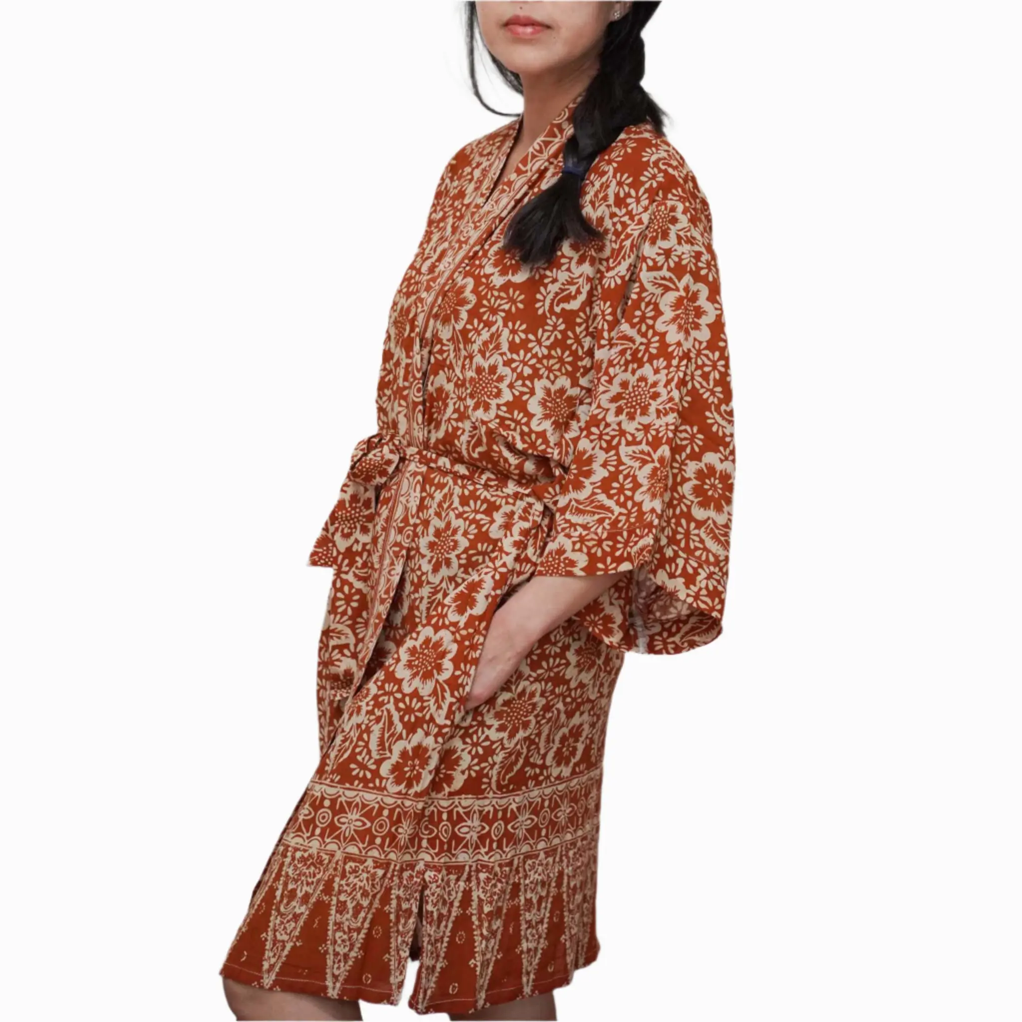 Handmade Batik Robe Kimono, 100% Cotton Soft Lightweight, Orange, Fall, Autumn, Yellow, Sunflowers Casual Fabric
