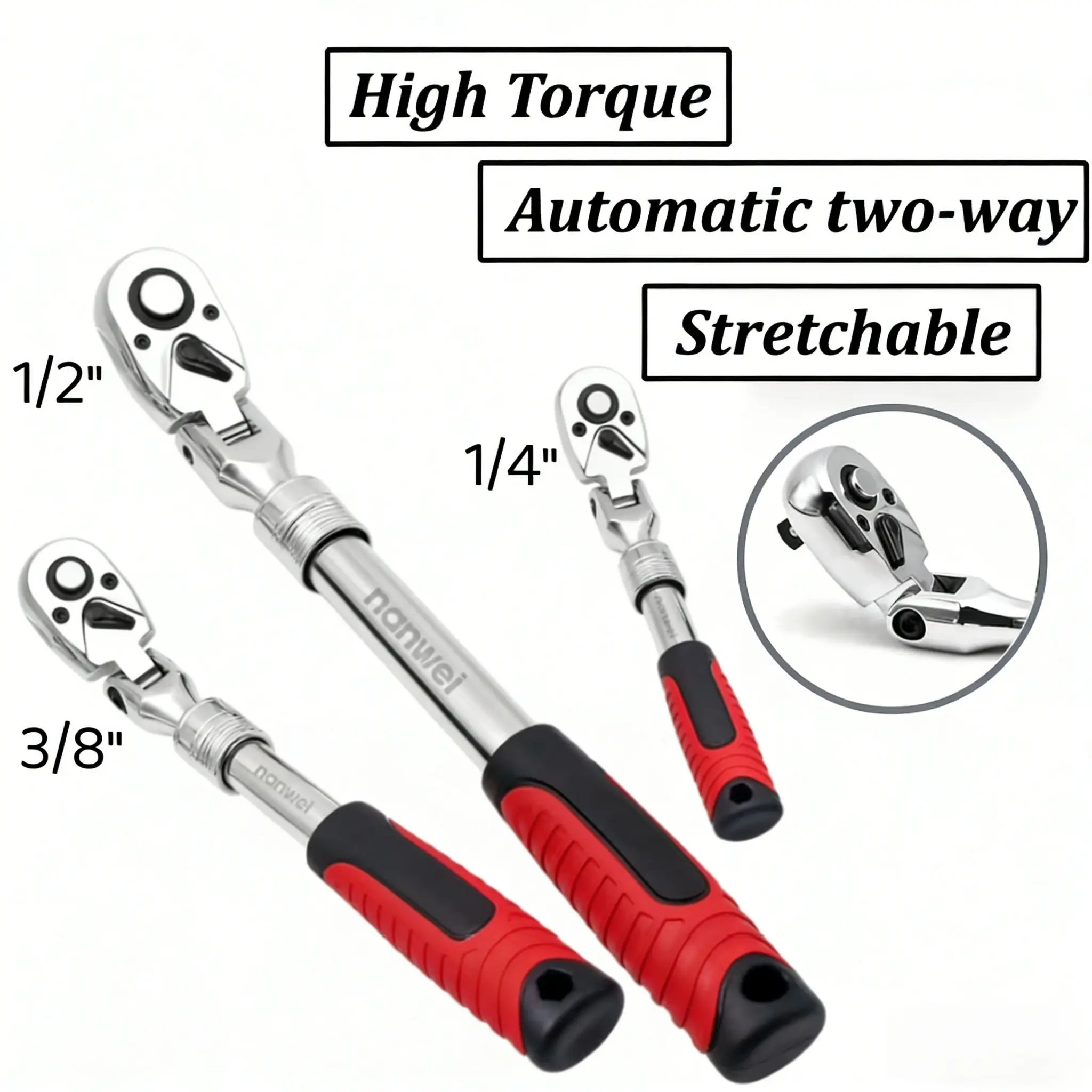 3Pcs Extendable Flex Head Ratchet Wrench Set, 1/4" 3/8" 1/2" Drive 72 Tooth Adjustable Telescopic Ratchet Handle, High Torque Reversible Socket Wrenches with Non-Slip Grip for Auto Garage DIY Repair