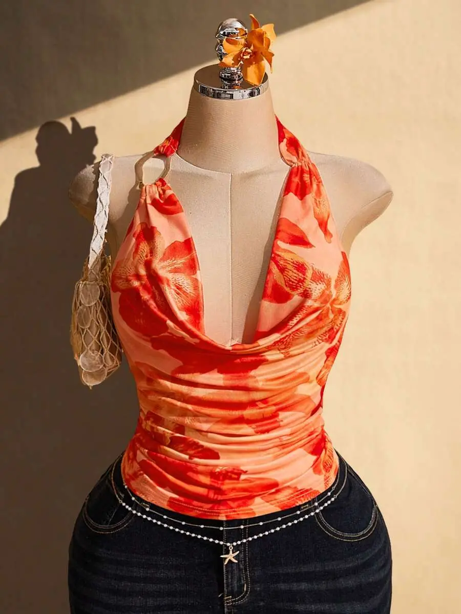 SEELEN Plus Size Floral Print Ruffle Neck Backless Halter Top Beach Vacation Orange Summer