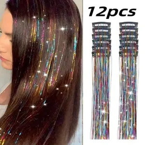 Fairy Hair Metal Wire Set, 12-Piece Clip-On Rainbow Hair Accessories, 20-Inch Sparkling Hair Extensions for Women & Girls
