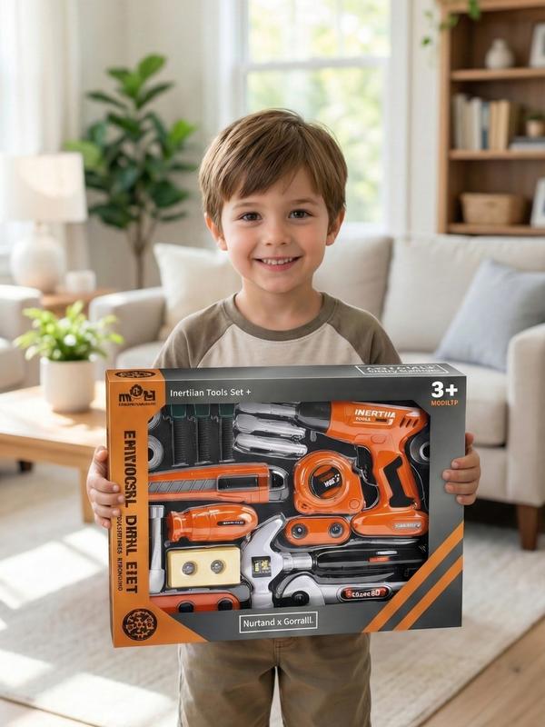 New Boys' Role-Play Toy Set Simulation Toolbox with Electric Chainsaw Electric Drill and Inertia Drill for Kids 3+