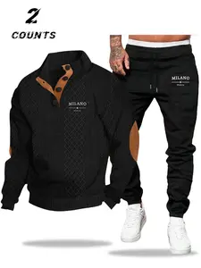 Men's Casual Hooded Sweatshirt and Drawstring Pants Set, Milano Letter Print Design, Long Sleeve Comfortable Fashion, Outdoor Activities