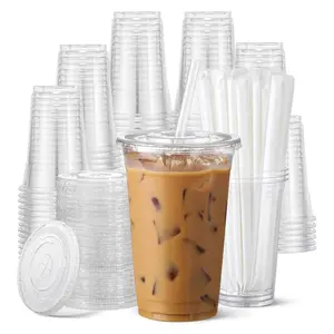 50 Pack 16 oz Clear Plastic Cups with Lid and Straw for Party and Everyday Use
