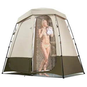 Camping Shower Tent, 2-Room Foldable Privacy Changing Room With Ground Stakes, Ropes, Carry Bag And Crossbar, 150D Oxford Fabric With Silver Coating, Durable Outdoor Privacy Shelter For Camping, Beach, Fishing, And Travel
