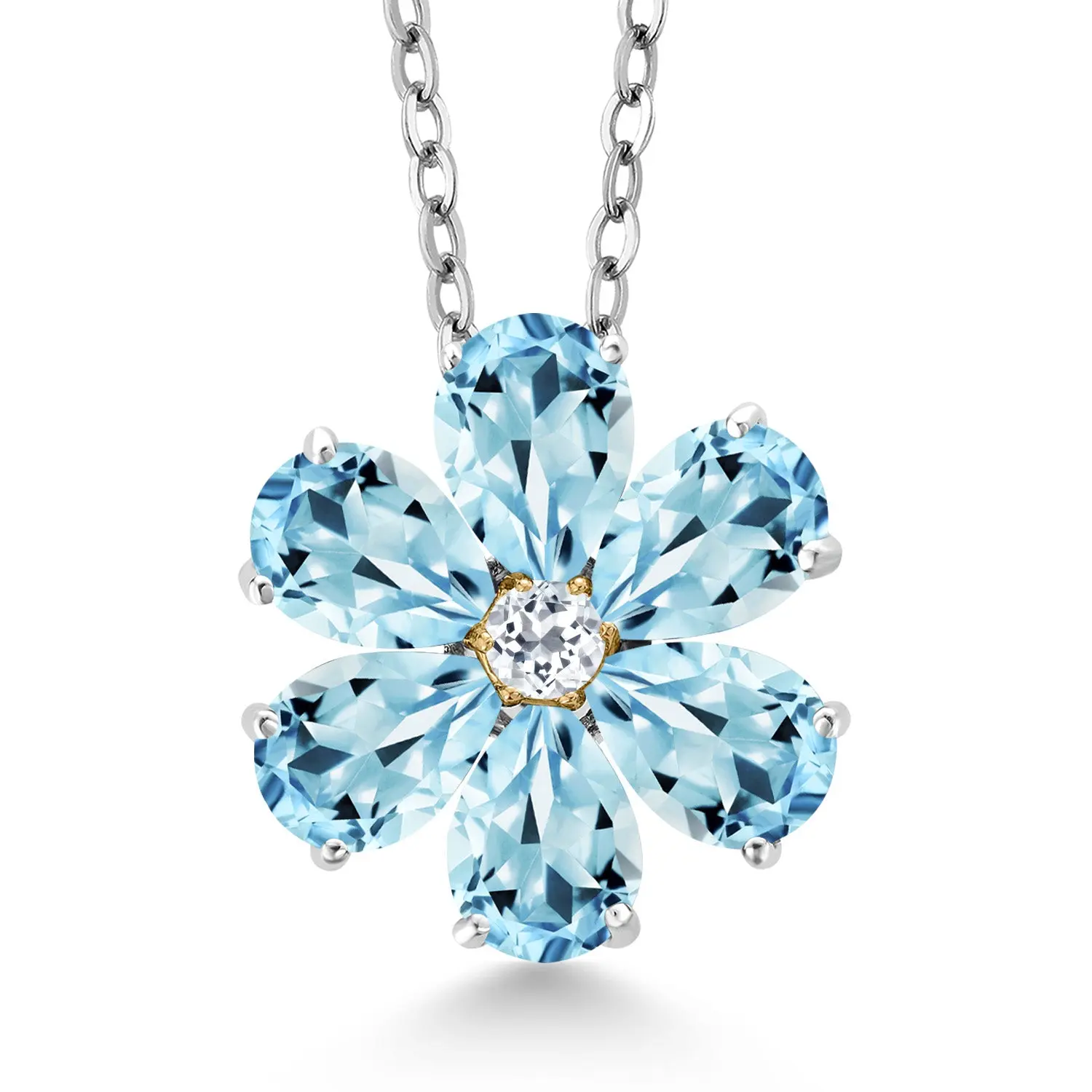 Pear Shape Flower Pendant Necklace for Women | Gemstone Birthstone Petals and White Topaz Center | 925 Silver and 10K Yellow Gold | Pear 6X4MM & Round 2.5MM | With 18 Inch Chain