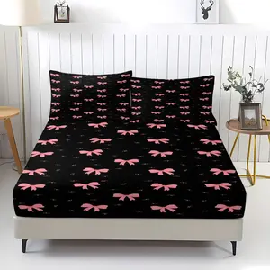 Black & Pink Bow Print Fitted Sheet Set, 1 Fitted Sheet with 2 Pillowcases, Coquette Aesthetic Bedding for Bedroom, Dorm & Guest Room, Decor for Adults