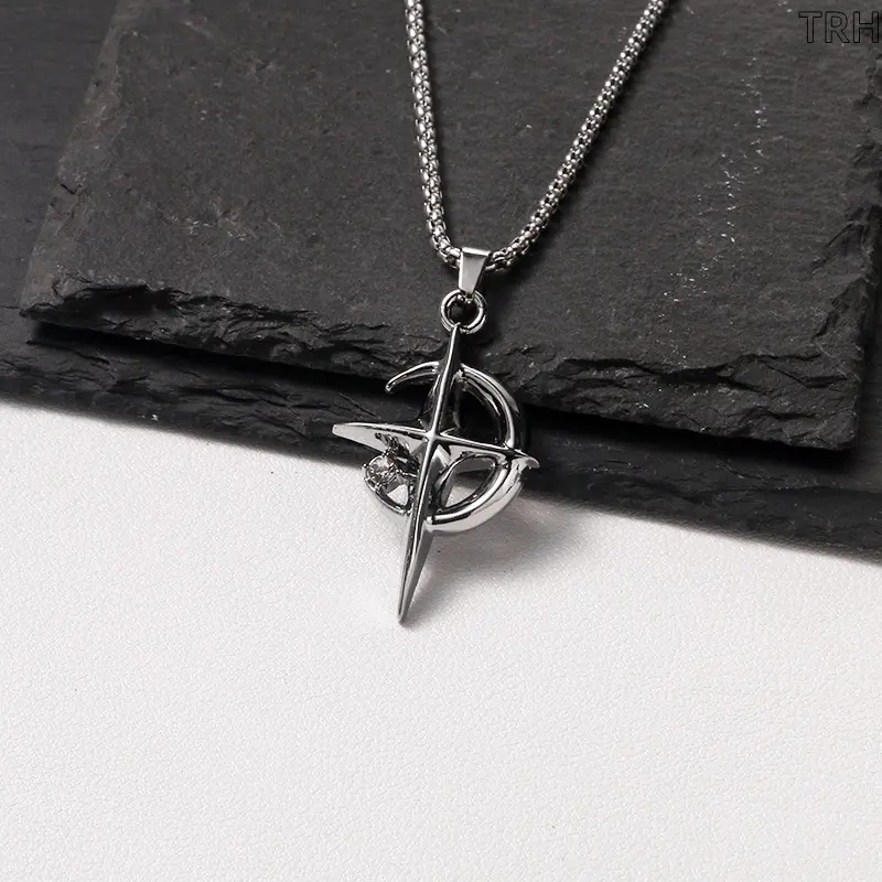 Celestial Star Moon Interlocking Pendant Necklace, Silver Tone Four-Pointed Star Crescent Moon Choker, Minimalist Grunge Y2K Sweater Chain, Unisex Edgy Collarbone Jewelry for Daily Layering & Gift