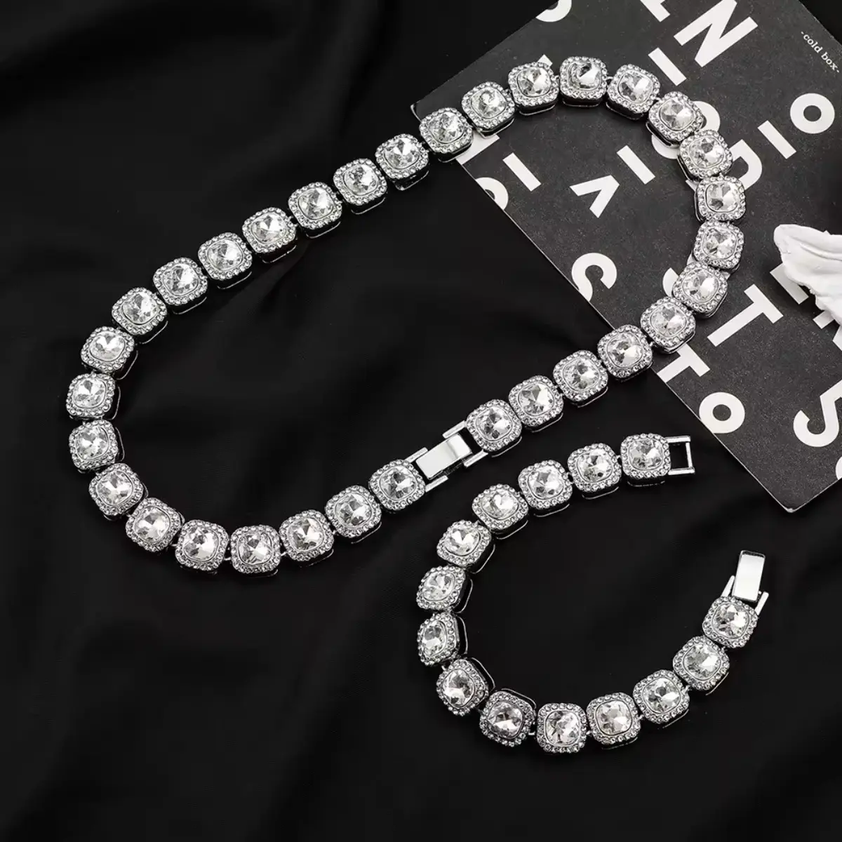 Hip Hop Jewelry for Men Iced Out Cuban Link Chain Necklace and Bracelet Set Gold Plated Full Diamond Bling Rhinestone Hiphop Accessories Rapper Jewelry Ice Cube Pendant Set Shiny Hip Hop Gift for Men Party Jewelry Hiphop Bling Bling