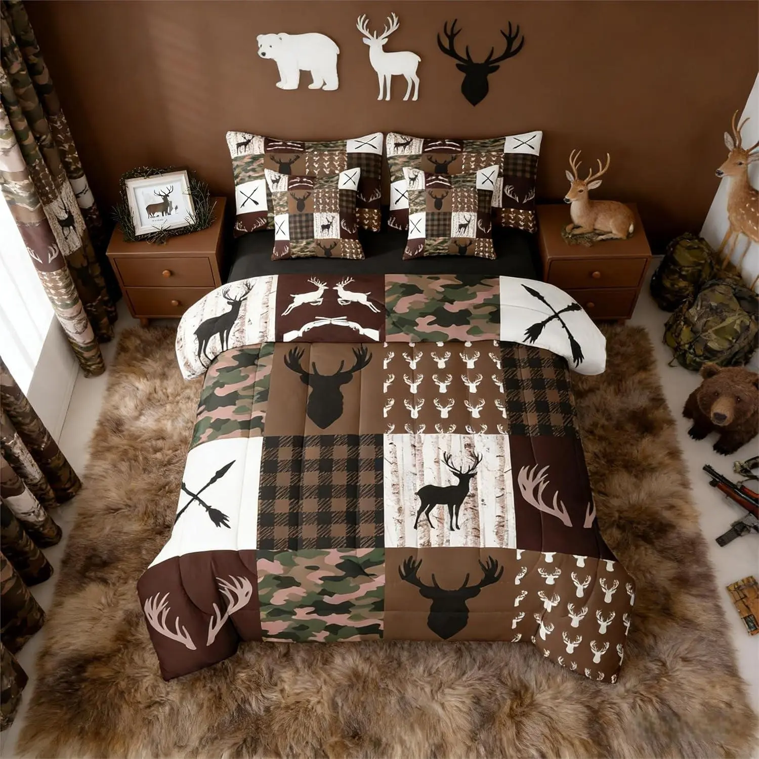 Feelyou 7-Piece Brown Camouflage Bedding Set with Sheets, Patchwork Look, Rustic Theme, Wildlife Deer Print Hunting Comforter Bed-in-a-Bag for Hunters (Multi-Size Available)