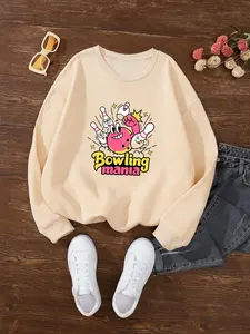 Women's Bowling Graphic Print Drop Shoulder Sweatshirt, Casual Long Sleeve Round Neck Pullover for Fall & Winter, Ladies Clothes for Daily Wear