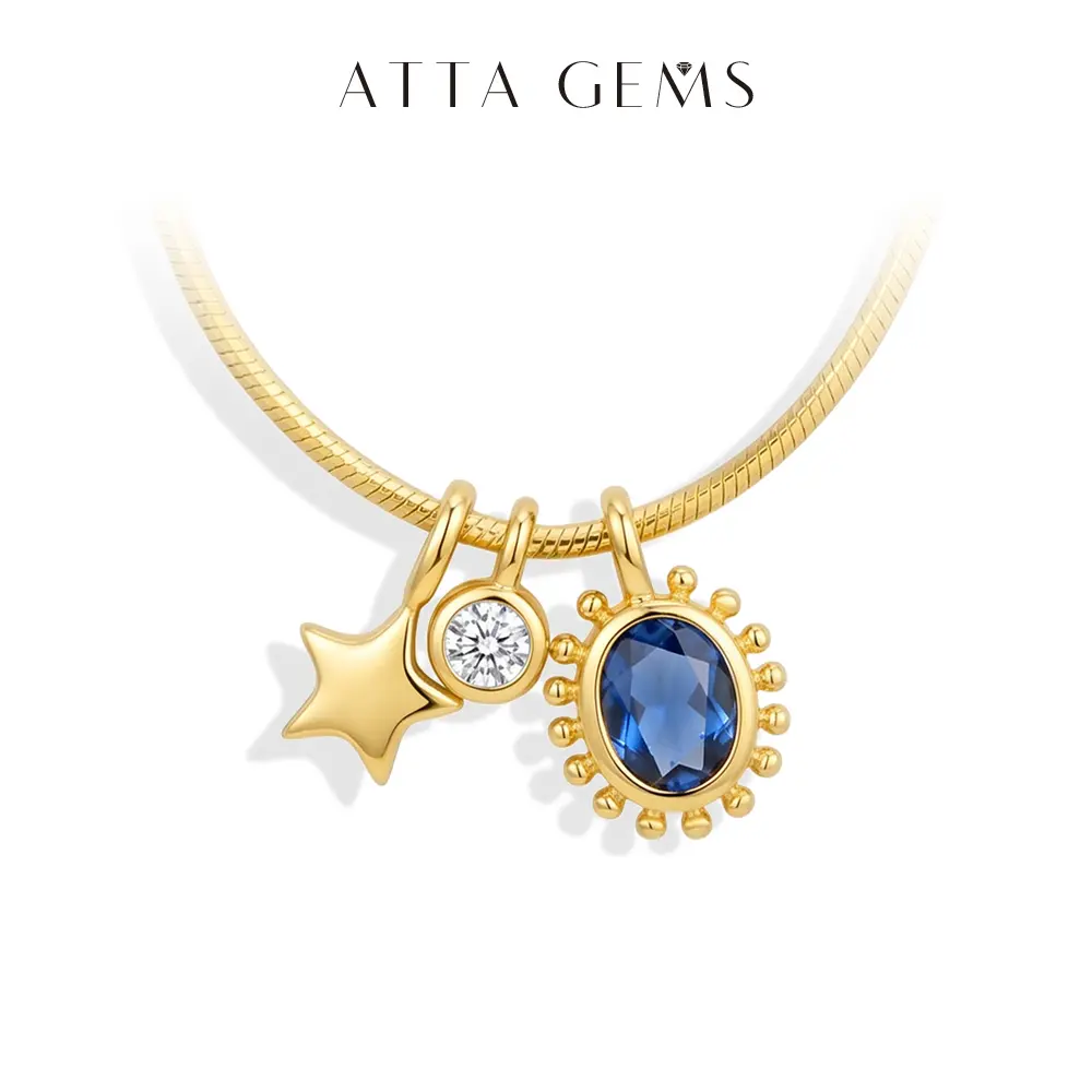 ATTAGEMS Star & Sun Gemstone Pendant Necklace with 2.5mm Round Cut Synthetic Moissanite & 4*5mm Oval Cut Lab-Created Sapphire, Copper Jewelry for Women Daily Wear, Special Birthday Gift NU04